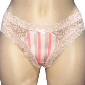3/$30 Victoria Secret Very Sexy Peach Pink Coral Striped Lace Trim Thong Panty S